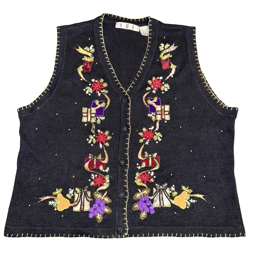 OHI Grannycore Vintage‎ Christmas Sweater Vest XL Beaded Embroidered
